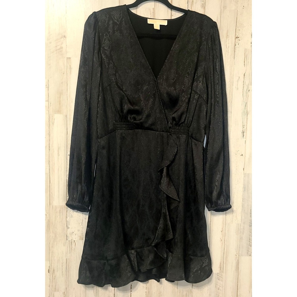 Michael Kors size L Ruffle Wrap short Dress Flare Long sleeve Satin